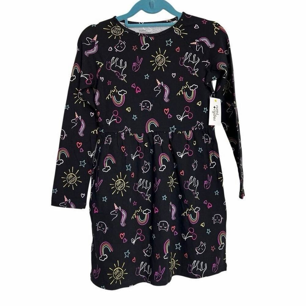Rumi + Ryder Dress Girls Medium Black Unicorn Rainbow Print Mini Dress NWT